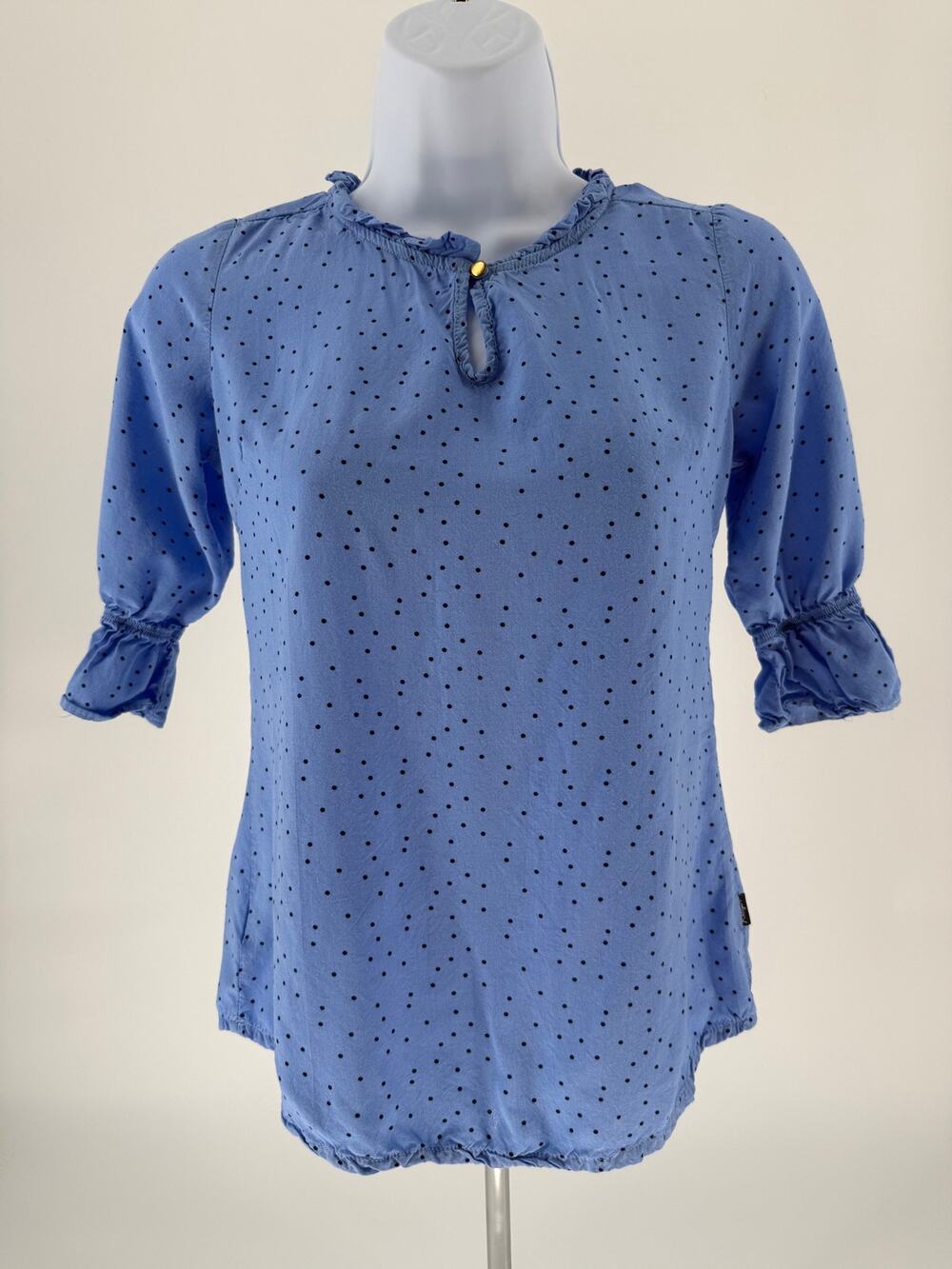 Redgirl Simply Chic Blue Polka Dot Blouse Small Ruffle Neck 3/4 Sleeve Top